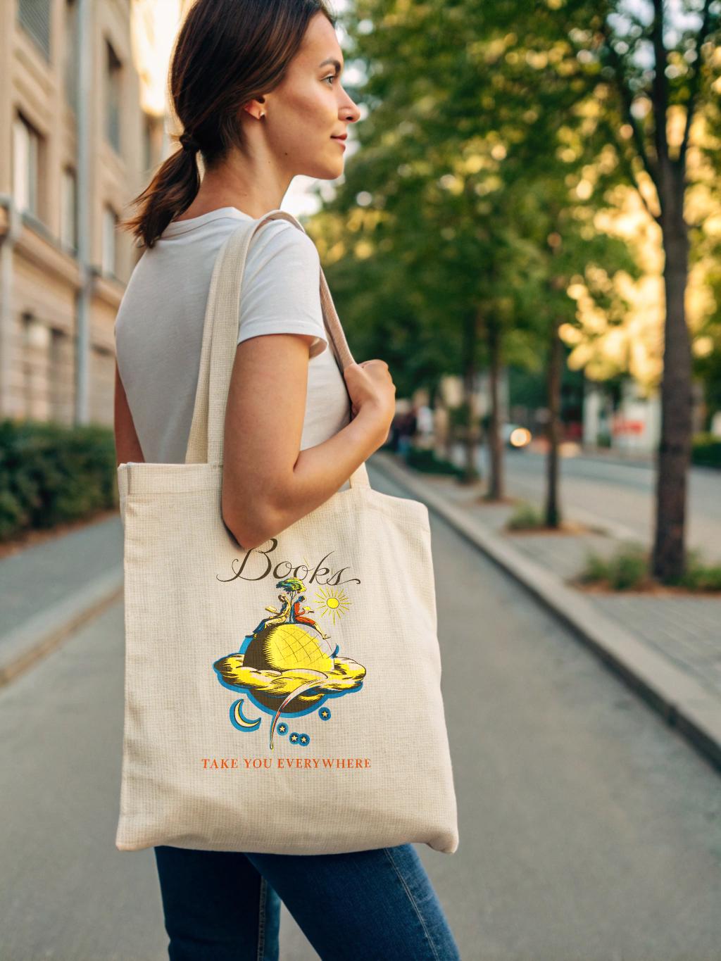 Vintage Reading Tote Bag - Eco-Friendly Cotton Bag with Globe Design - Books Take You Everywhere