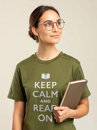 Load image into Gallery viewer, Keep Calm and Read On T-Shirt: Bold Book Lover Graphic Tee

